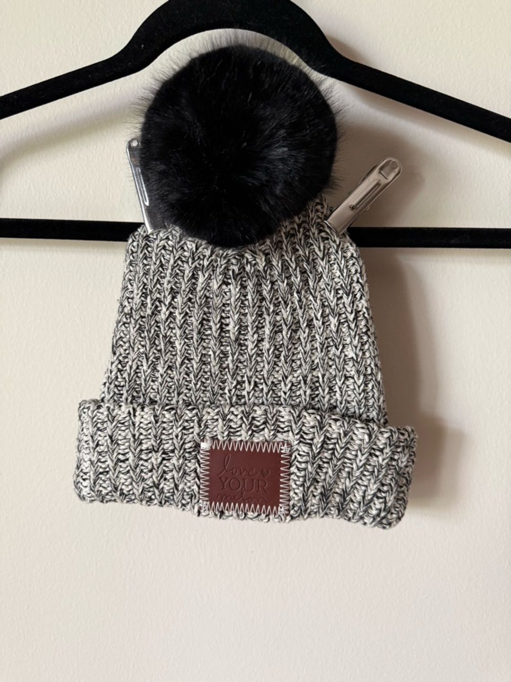 Love Your Melon Gray Marled Knit Beanie Black Pom Pom Cuffed Hat OS